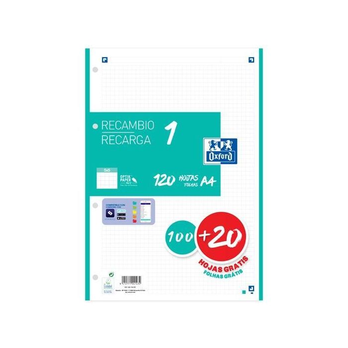 Oxford Recambio Classic 120 Hojas A4 Sueltas 90 gr, 5x5 mm, 4 Taladros, Banda Color Ice Mint, Compatible con SCRIBZEE