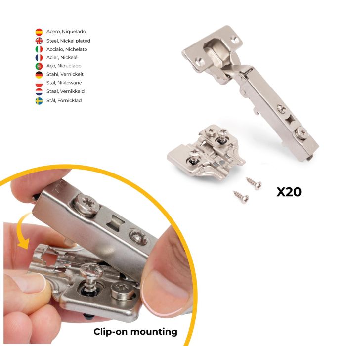 Emuca Lote de 20 bisagras rectas X92 con cierre suave y suplementos montaje mixto, Diámetro 5x9.5mm, Altura 0, Acero, Níquel 2 Emuca Lote de 20 bisagras rectas X92 con cierre suave y suplementos montaje mixto, Diámetro 5x9.5mm, Altura 0, Acero, Níquel 2