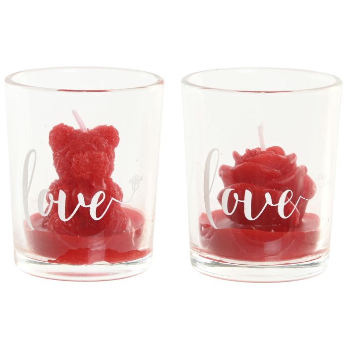 DKD Home Decor Vela San Valentin Urban Rojo Cera Parafina Cristal 5x5x6.5 cm Oso Rosa Love Fresa 30gr 12 Unidades