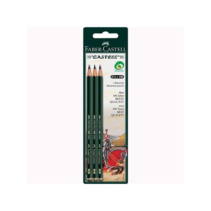 Faber Castell Lápiz De Grafito 9000 Hb Blister 3 Ud - Máxima calidad, barniz al agua, mina resistente