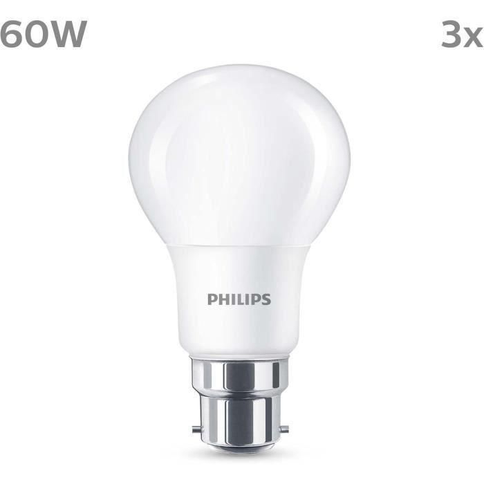 Bombilla LED - PHILIPS - 60 W - B22 - Blanco cálido - Mate - No regulable - 3 piezas Bombilla LED - PHILIPS - 60 W - B22 - Blanco cálido - Mate - No regulable - 3 piezas