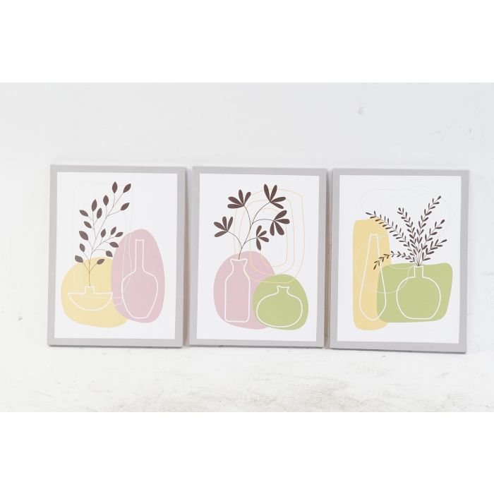 DKD Home Decor Cuadro Scandi Decorativo Multicolor con Diseño de Jarrones, Set de 3 Unidades de Lienzo y Pino 30x40 cm