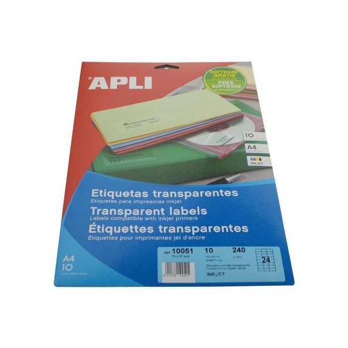 Etiquetas Adh.Impr.Apli A4 Polyester Transp.Brillo Inkjet Blister 10H 70X37 Mm C.Rectos 240 Uds.(10051)