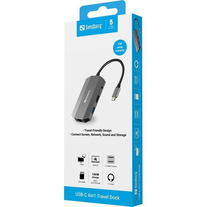 Sandberg 6in1 Travel Dock USB-C con HDMI, USB 3.0, RJ45 para Conectar Pantallas y Dispositivos 2