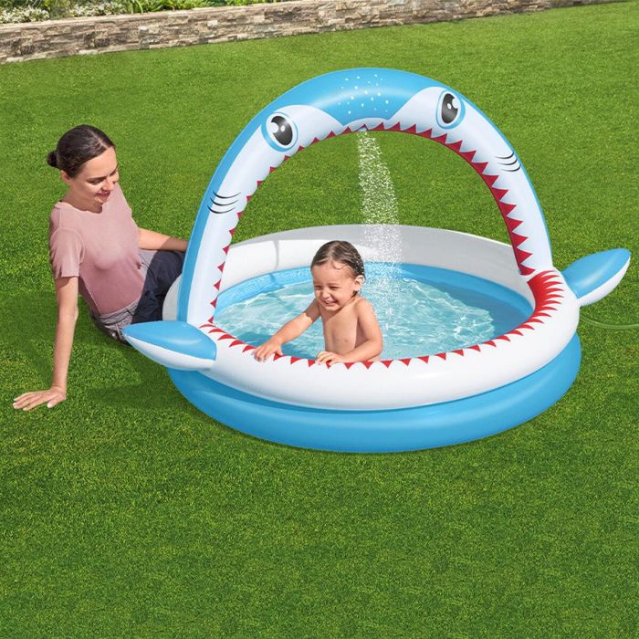 Bestway Piscina Hinchable Infantil 2 Aros Tiburon Aspersor 163x127x92 cm +2 Años Jardin 53157 17