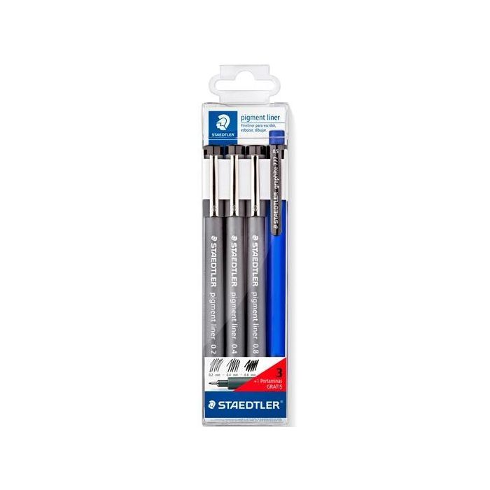 Staedtler Rotulador Pigment Liner Negro Estuche 3 Ud + 1 Portaminas De Regalo