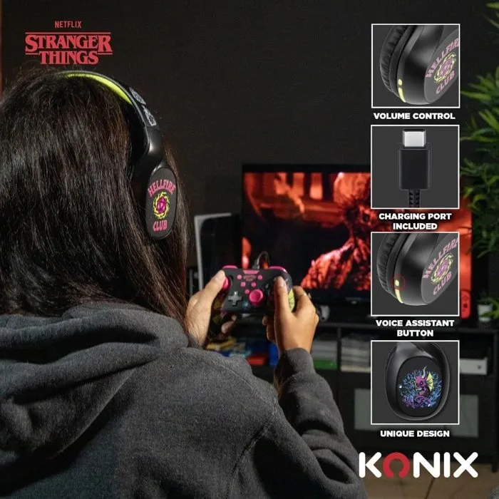 Konix Auriculares Inalámbricos Bluetooth 5.3 - Stranger Things - KON3328170000536 - Batería 30H - Micrófono - Negro/Amarillo para Smartphones y Tablets