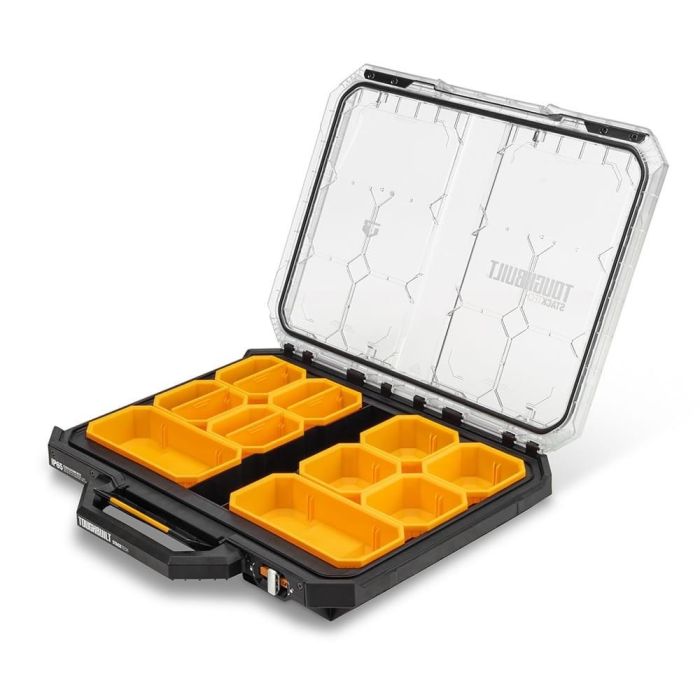 Toughbuilt Organizador Stacktech Bajo Perfil 53 x 40,5 x 10 cm con Tapa Transparente y 10 Contenedores 2