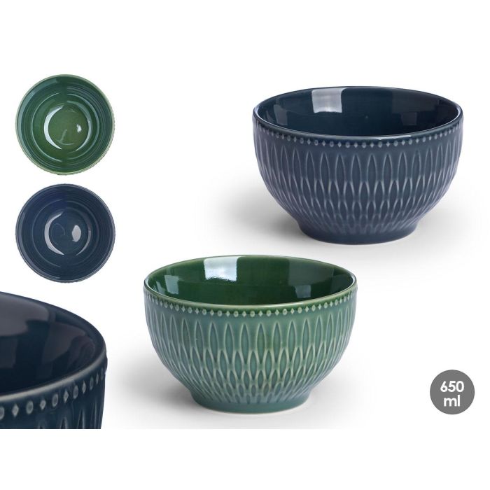 Vessia Bowl Desayuno de Cerámica Loza Surtido 2 Colores (Azul/Verde) 650 ml - 14x7.8x14 cm (24 Unidades)