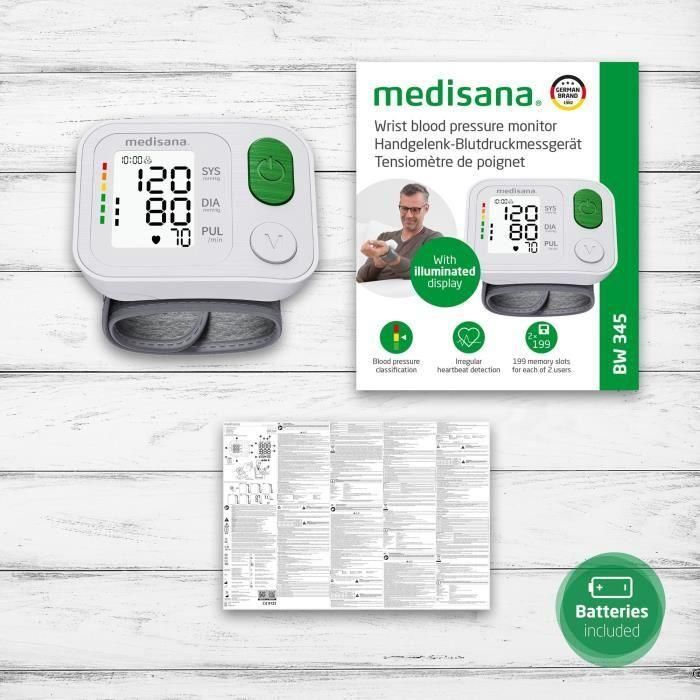Tensiómetro de muñeca - MEDISANA - BW 345 - Medición de arritmias - Dígitos XL - 398 memorias - Dispositivo médico certificado 5 Tensiómetro de muñeca - MEDISANA - BW 345 - Medición de arritmias - Dígitos XL - 398 memorias - Dispositivo médico certificado 5