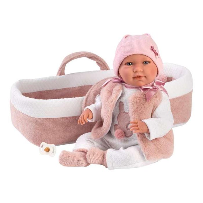 Llorens Muñeca recién nacida llorona Mimi con capazo rosa tacto suave 40 cm cuerpo tela 2