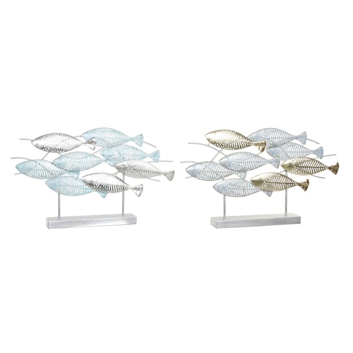 DKD Home Decor Decoración Mediterránea de Pared Peces Metálica Azul Dorado 39.5 x 65.4 x 9 cm (Set 2 Unidades)