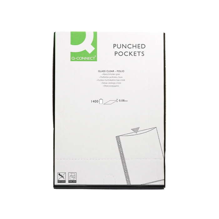 Q-connect Funda Multitaladro Cristal Folio 80 mc para Documentos Polipropileno Transparente No Adherente Tamaño Folio 215x315 mm Caja 1400 Unidades 4