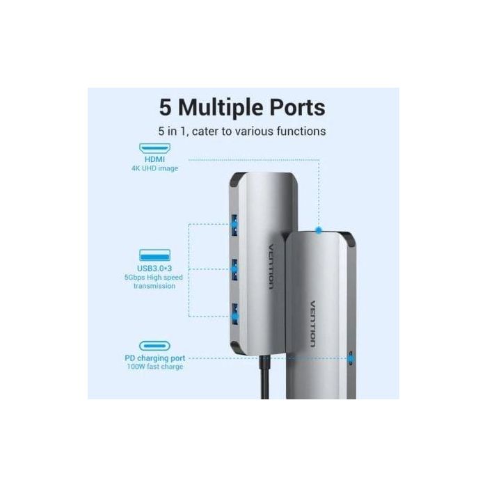 Vention TODHB Docking Station Hub USB-C para Portátil, 1xHDMI 4K, 3xUSB 3.0 (5Gbps), 1xUSB-C Power Delivery 100W, Gris 1 Vention TODHB Docking Station Hub USB-C para Portátil, 1xHDMI 4K, 3xUSB 3.0 (5Gbps), 1xUSB-C Power Delivery 100W, Gris 1