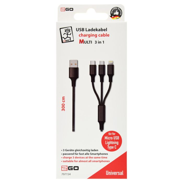 2GO 797154 Cable USB 3 en 1 para Carga, 3 m, USB-A a USB-C/Micro-USB/Lightning, Nylon Negro 1