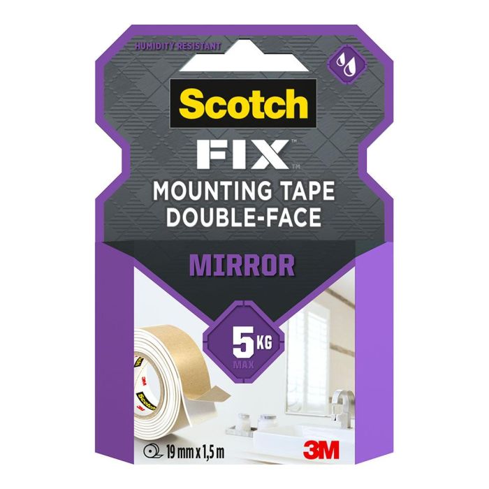 Cinta doble cara montaje espejos, 19mmx1,5m, máx 5 kg Cinta doble cara montaje espejos, 19mmx1,5m, máx 5 kg
