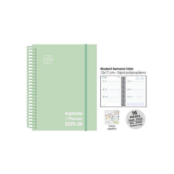 Agenda Anual (2025-26) Senfort 16 Meses Student Unicolor Espiral Tapa Pp Con Goma 120X170 S/V Pastel Verde