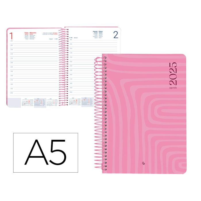 Agenda Espiral Liderpapel Syros A5 2025 Dia Pagina Color Rosa Papel 60 gr