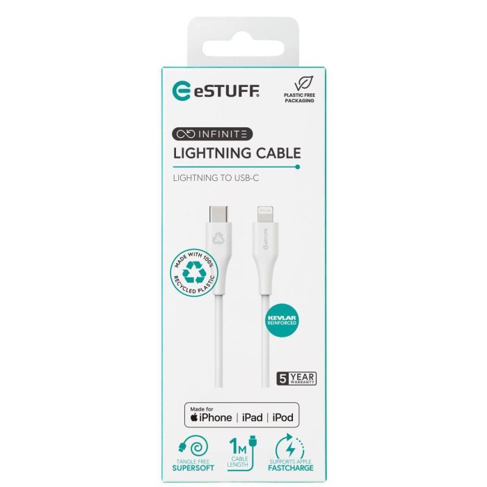 eSTUFF Cable USB-C a Lightning INFINITE Súper Suave 1m Blanco - 100% Plástico Reciclado Libre PVC Certificado MFi 1