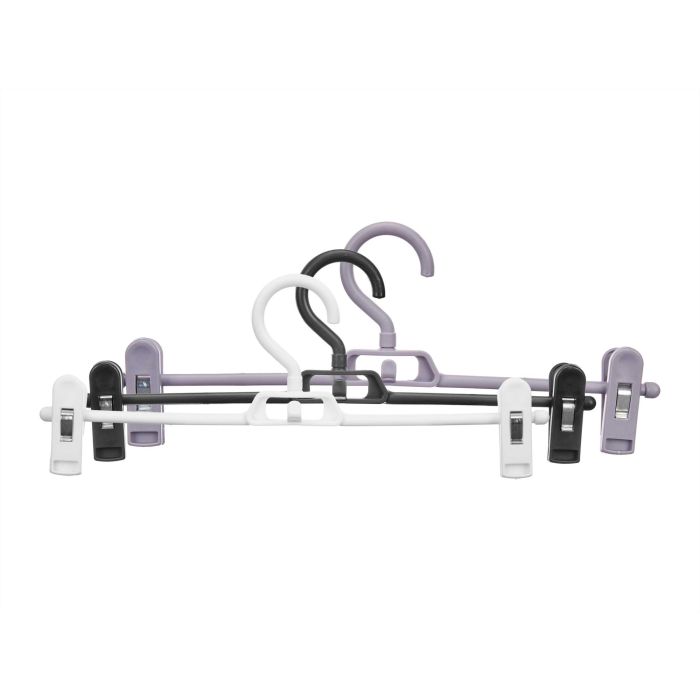 Set 4 Perchas Pinzas Kipit - 3 Colores (Blanco, Morado, Negro) - 25x36x4.5 cm (24 Unidades) 1 Set 4 Perchas Pinzas Kipit - 3 Colores (Blanco, Morado, Negro) - 25x36x4.5 cm (24 Unidades) 1