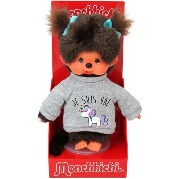 Monchhichi Unicornio Peluche 20 cm con Suéter Moderno y Nudos Decorativos en el Pelo 1