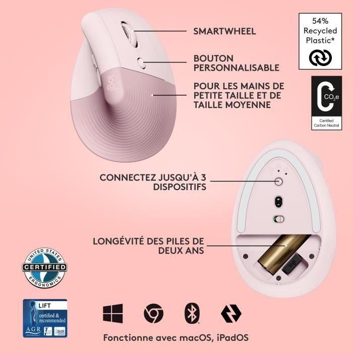 Ratón Logitech Lift Rosa Rose 5