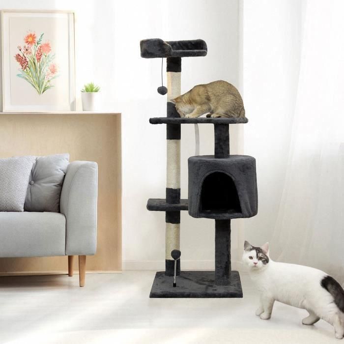 JAPSER ALC06 Árbol para gatos mediano, con nicho, 3 plataformas, postes rascadores de sisal y juguetes 40x40x114 cm Gris 5