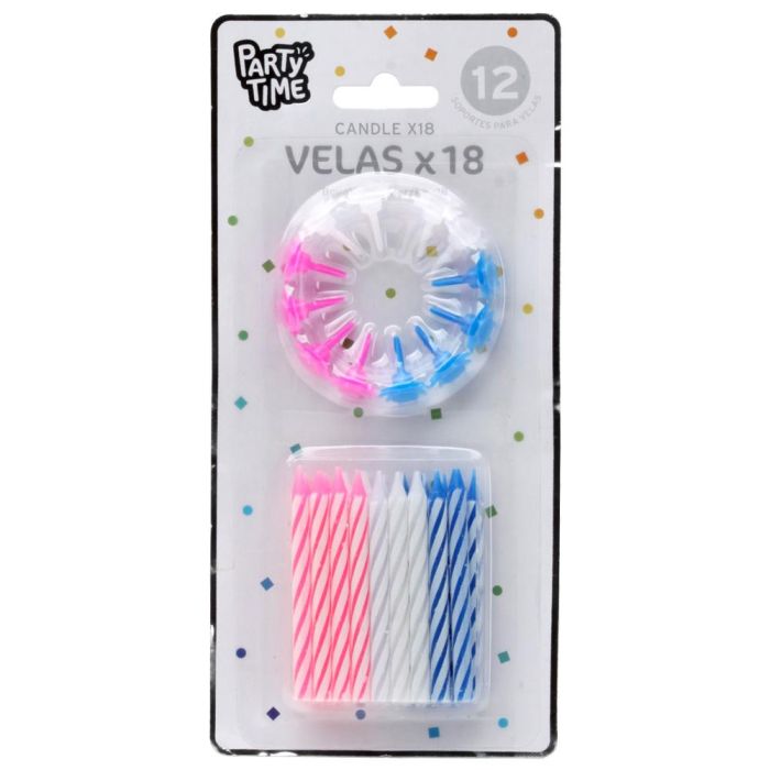 Party Time Juego de 18 Velas Clásicas y 12 Bases de Plástico – Azules, Rosas y Blancas