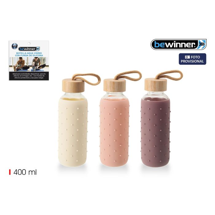 Botella de agua Prx 400 ml vidrio/silicona - Bewin por Inde (24 Unidades) Botella de agua Prx 400 ml vidrio/silicona - Bewin por Inde (24 Unidades)