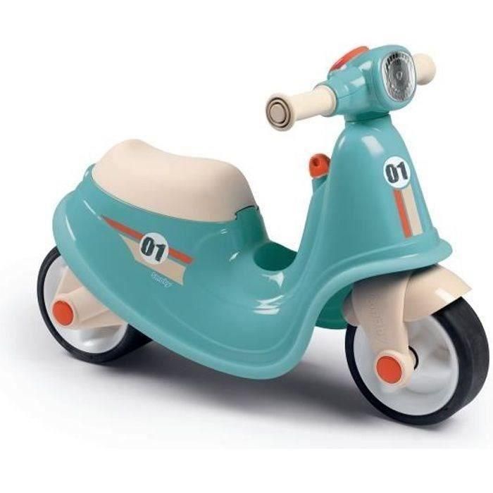 Smoby Porta scooter azul para bebés +18 meses con baúl, llave mecánica, faro y ruedas silenciosas, altura 47,5 cm
