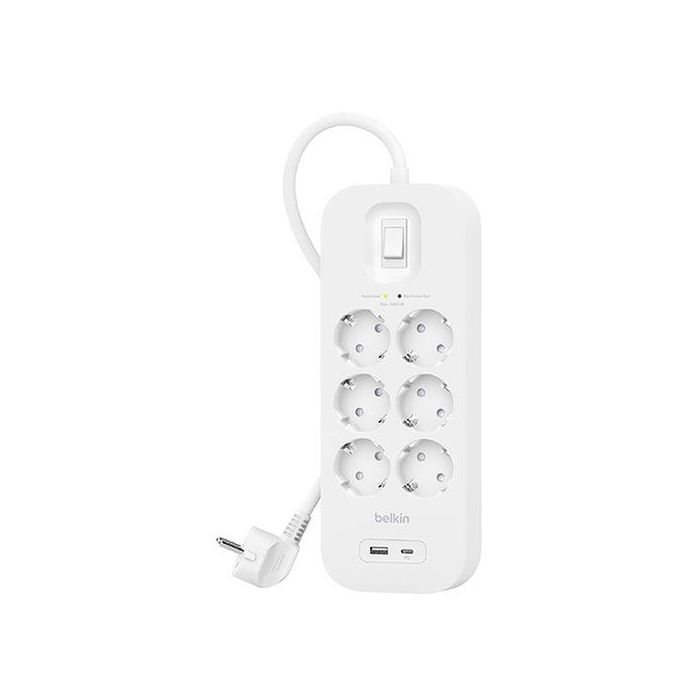Belkin Regleta de Protección Contra Sobretensiones, 6 Tomas + USB + USB-C, 2 Metros, Blanco