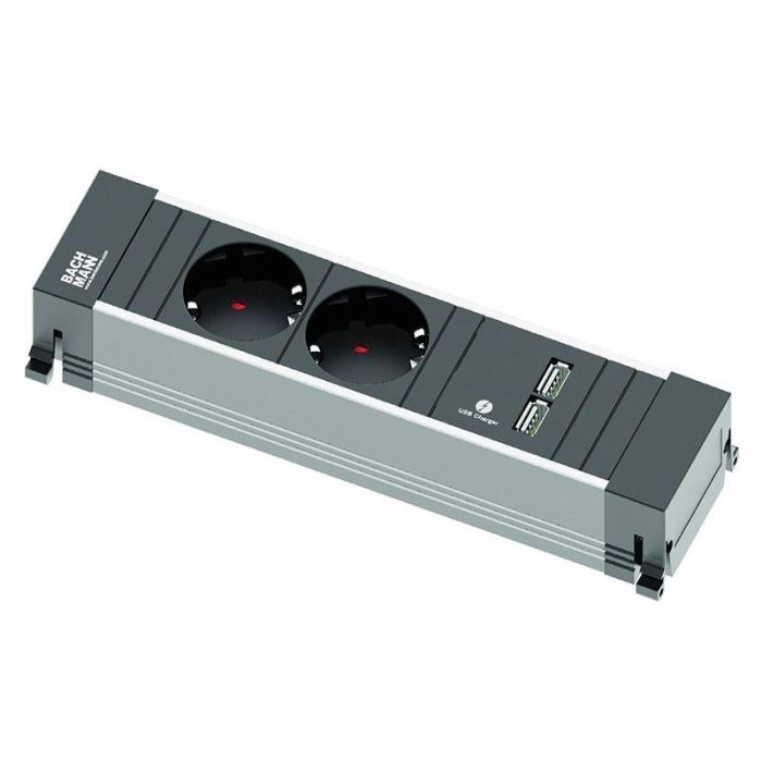 Bachmann Power Frame Cover Módulo 2 Tomas + 2 USB Estanco Aluminio Plata Mate Diseño para Cocinas Oficinas