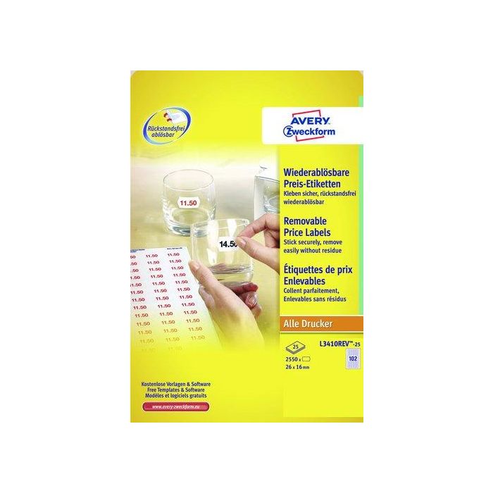 Etiquetas De Precios Avery Adh.Removible A4 Blanca Caja 25H 26X16 Mm 2.550 Uds.(L3410Rev)