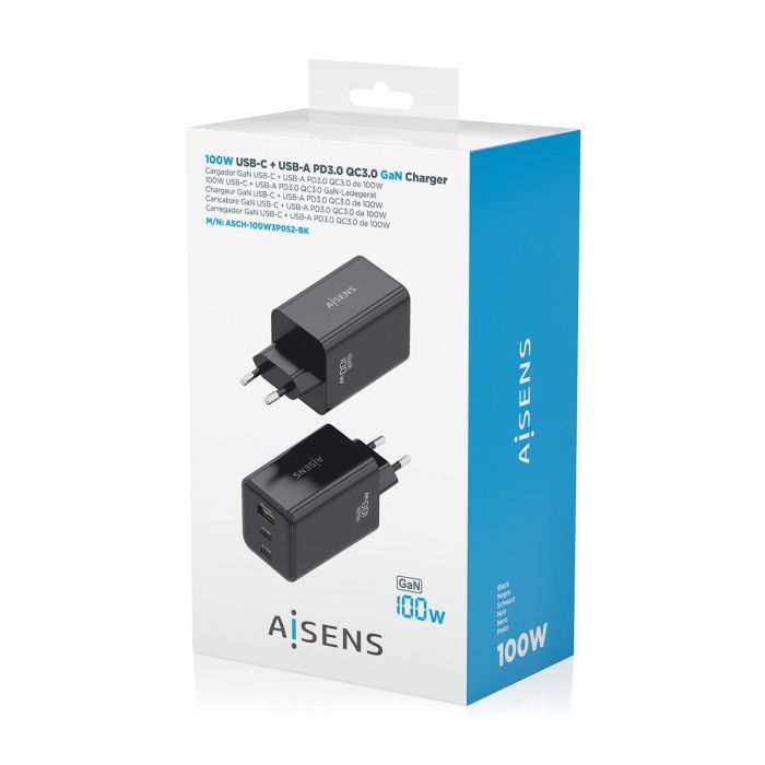 AISENS ASCH-100W3P052-BK Cargador GaN 100W 3 Puertos (2 USB-C, 1 USB-A) Carga Rápida Power Delivery Universal Negro 6 AISENS ASCH-100W3P052-BK Cargador GaN 100W 3 Puertos (2 USB-C, 1 USB-A) Carga Rápida Power Delivery Universal Negro 6