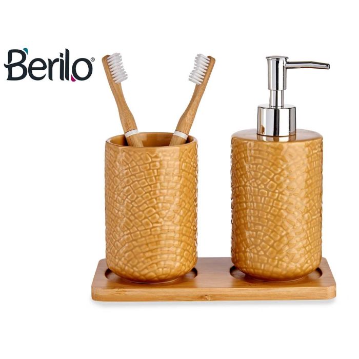 Berilo Set Baño Cerámica 2 Piezas Camel Cuadrado con Bandeja, Gres, Plástico ABS/PP, Bambú, 9x18.5x20 cm (Set de 6) 4