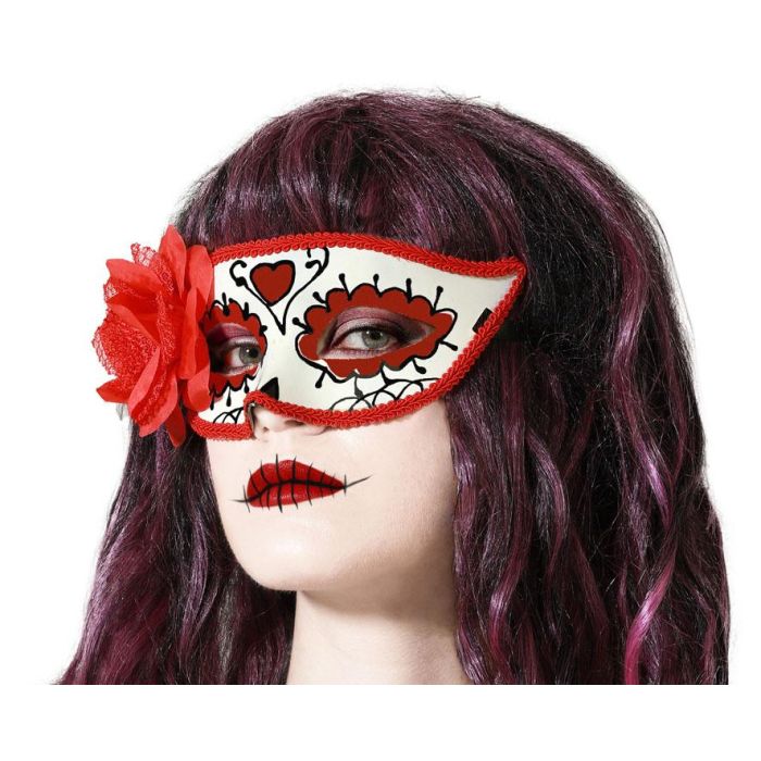 Antifaz Blanco con Detalles Rojos y Flor Lateral para Disfraz de Catrina - Complemento para Día de los Muertos 0 Antifaz Blanco con Detalles Rojos y Flor Lateral para Disfraz de Catrina - Complemento para Día de los Muertos 0