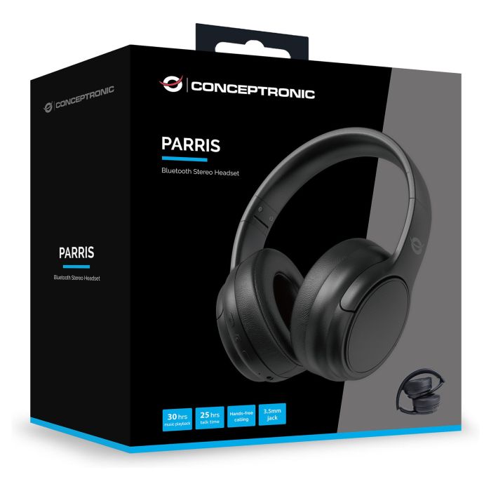 Conceptronic Auriculares Parris03B Inalámbrico Negro Bluetooth 5.4 Conexión Dual Batería 30h Micrófono Manos Libres Entrada 3.5mm Plegable