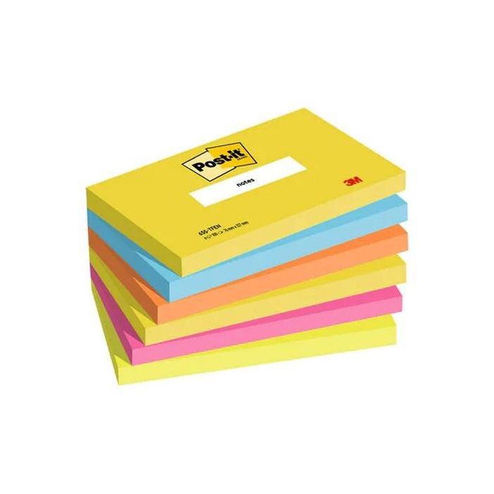 Post-it Bloc de Notas Adhesivas Quita y Pon 76x127 mm, Colores Surtidos Neón, Pack de 6 Blocs con 100 Hojas