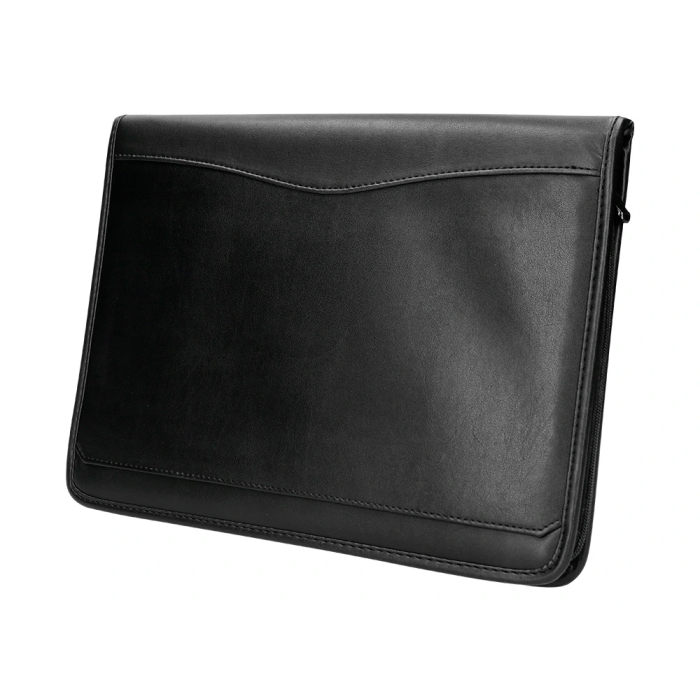 Q-connect Carpeta Portafolios con Cremallera, Calculadora y Bolsa para Móvil, Plástico tacto Piel, 260x355 mm, Negro 1