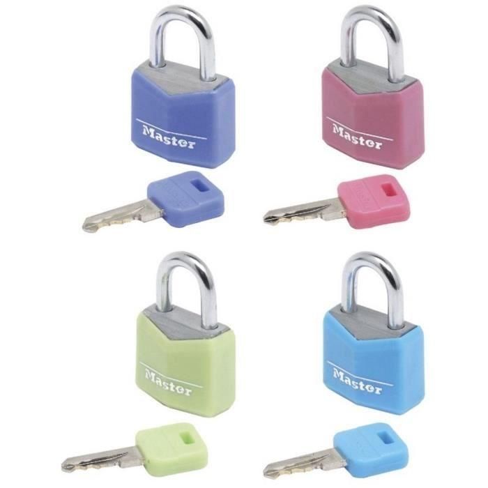 Master Lock Lote de 4 Candados Semiabiertos de 20mm, Colores Surtidos, Cuerpo de Aluminio Sólido, para Equipaje, Maleta y Mochila Master Lock Lote de 4 Candados Semiabiertos de 20mm, Colores Surtidos, Cuerpo de Aluminio Sólido, para Equipaje, Maleta y Mochila