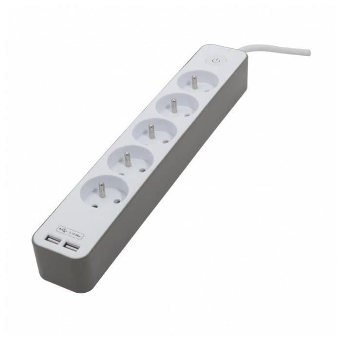 Regleta de alimentación CHACON 5 enchufes 16 A con 2 puertos USB y cable de 1,5 m HO5VV-F 3x1.5 mm² blanco y marrón 1 Regleta de alimentación CHACON 5 enchufes 16 A con 2 puertos USB y cable de 1,5 m HO5VV-F 3x1.5 mm² blanco y marrón 1