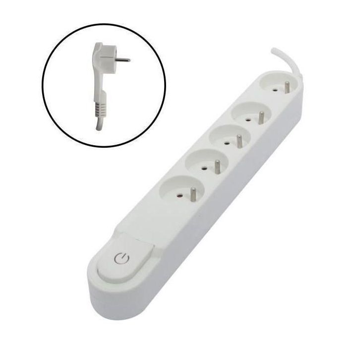 Chacon Regleta 5 tomas con interruptor de pie, enchufe plano, 16A, 3500W, cable 1.5m HO5VV-F 3x1.5mm², blanca Chacon Regleta 5 tomas con interruptor de pie, enchufe plano, 16A, 3500W, cable 1.5m HO5VV-F 3x1.5mm², blanca