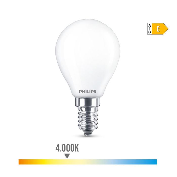 Bombilla esferica led e14 6,5w 806lm 4000k luz dia ø4,5x8cm philips