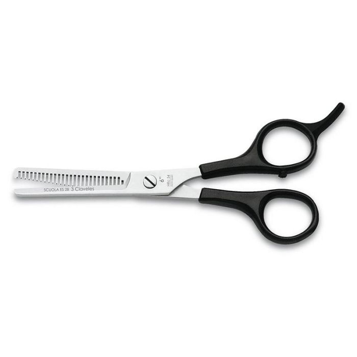 Tijera de Peluquería Scuola ES-28 6" Negra - Acero Inoxidable, Mango Nylon, 28 Dientes, Tres Claveles Tijera de Peluquería Scuola ES-28 6" Negra - Acero Inoxidable, Mango Nylon, 28 Dientes, Tres Claveles