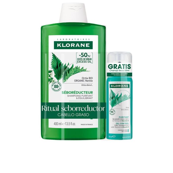 Klorane Champú Seborregulador Ortiga Bio para Cabello Graso Estuche 2 pz (400 ml + Champú Seco 50 ml)
