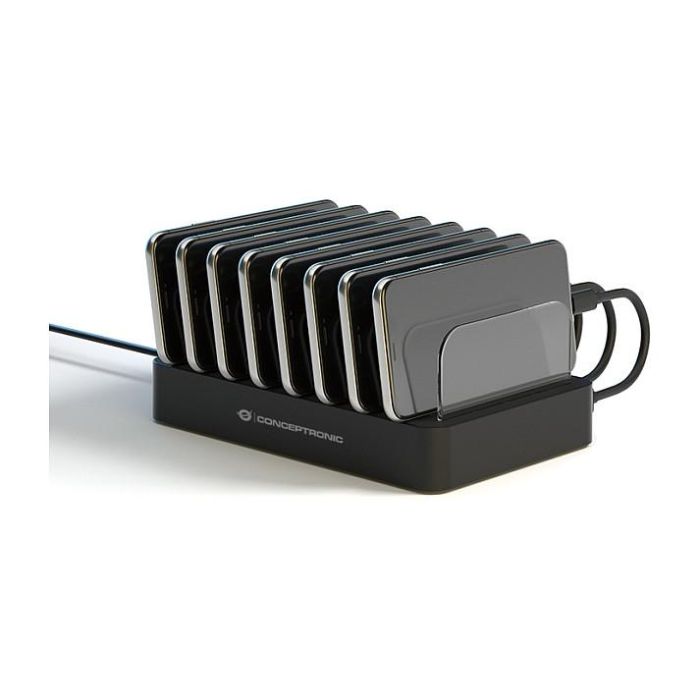 Conceptronic OZUL02B Estación de Carga 75W con 2 Puertos USB-C PD 3.0 y Soporte Apple Watch, 6 Puertos USB-A, Carga Rápida para Nintendo Switch, iPad, iPhone, Samsung