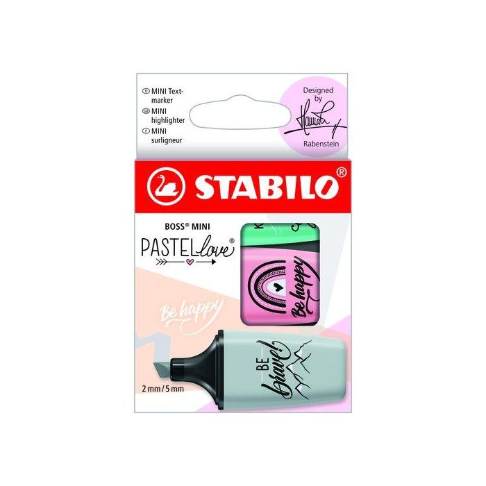 Stabilo Rotulador fluorescente Boss Mini Pastel Love, estuche 3 unidades, Pizca de menta/Rubor rosa/Toque de turquesa, trazo 2-5 mm, protección antisecado 4h