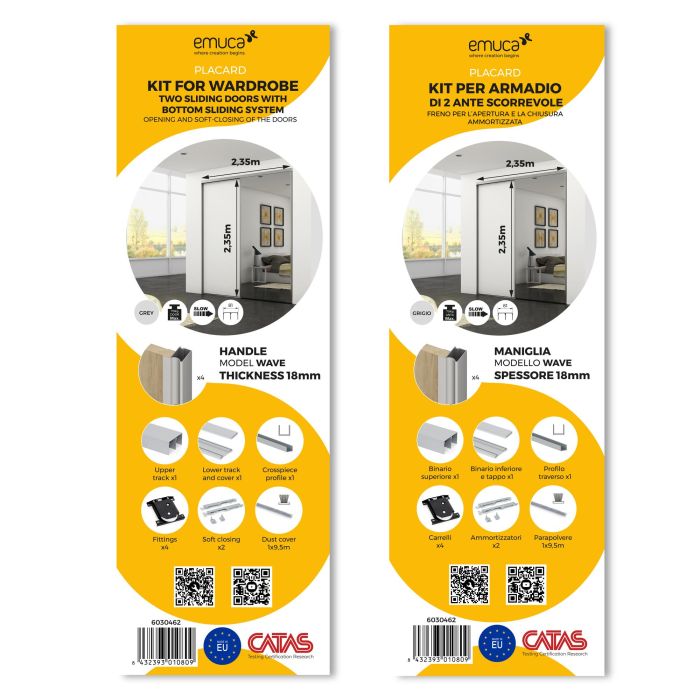 Emuca Kit de herrajes para armario de 2 puertas correderas y cierre suave Placard 81, perfil Wave, espesor 18mm, tableros no incluidos, Anodizado mate 3 Emuca Kit de herrajes para armario de 2 puertas correderas y cierre suave Placard 81, perfil Wave, espesor 18mm, tableros no incluidos, Anodizado mate 3