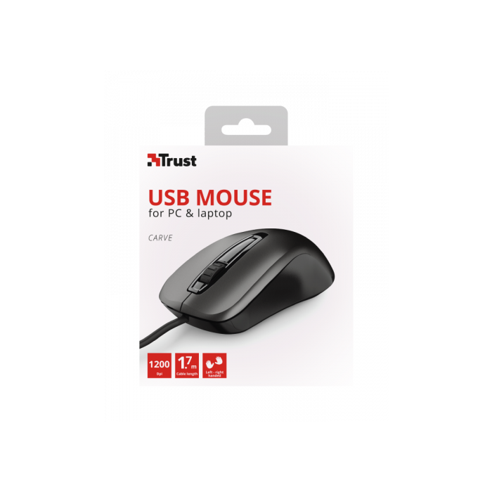 Trust Ratón Óptico Carve con Cable USB 1200DPI Ambidiestro 3 Botones Negro 10