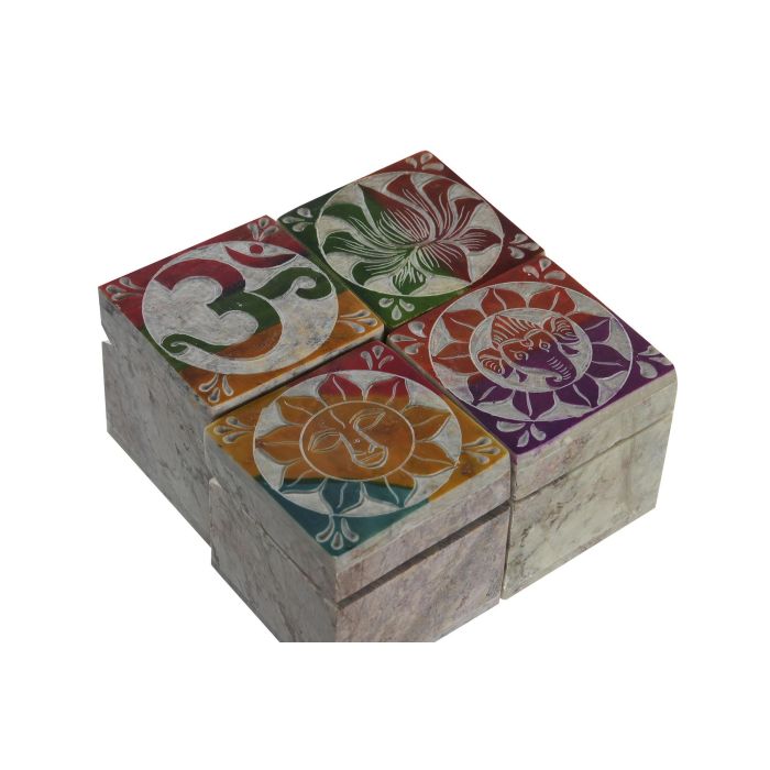 DKD Home Decor Joyero Indio de Piedra Tallada Multicolor 5x5x5 cm - Pack 6 Unidades con Diseños Loto, Elefante, Ohm, Sol (Surtidos) 1